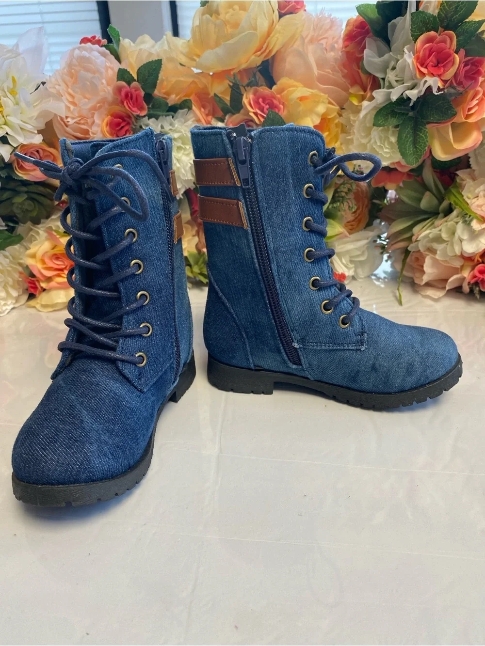 Toddler Denim Moto Lace-Up Boots Side Zip Buckle Blue Size 8